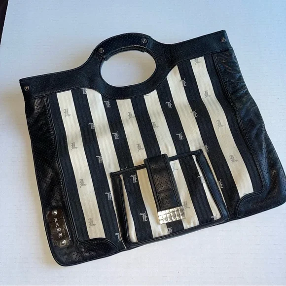 L.A.M.B. Gwen Stefani Black White Silver Stripe Leather Bag Clutch Tote Vintage - Picture 6 of 12